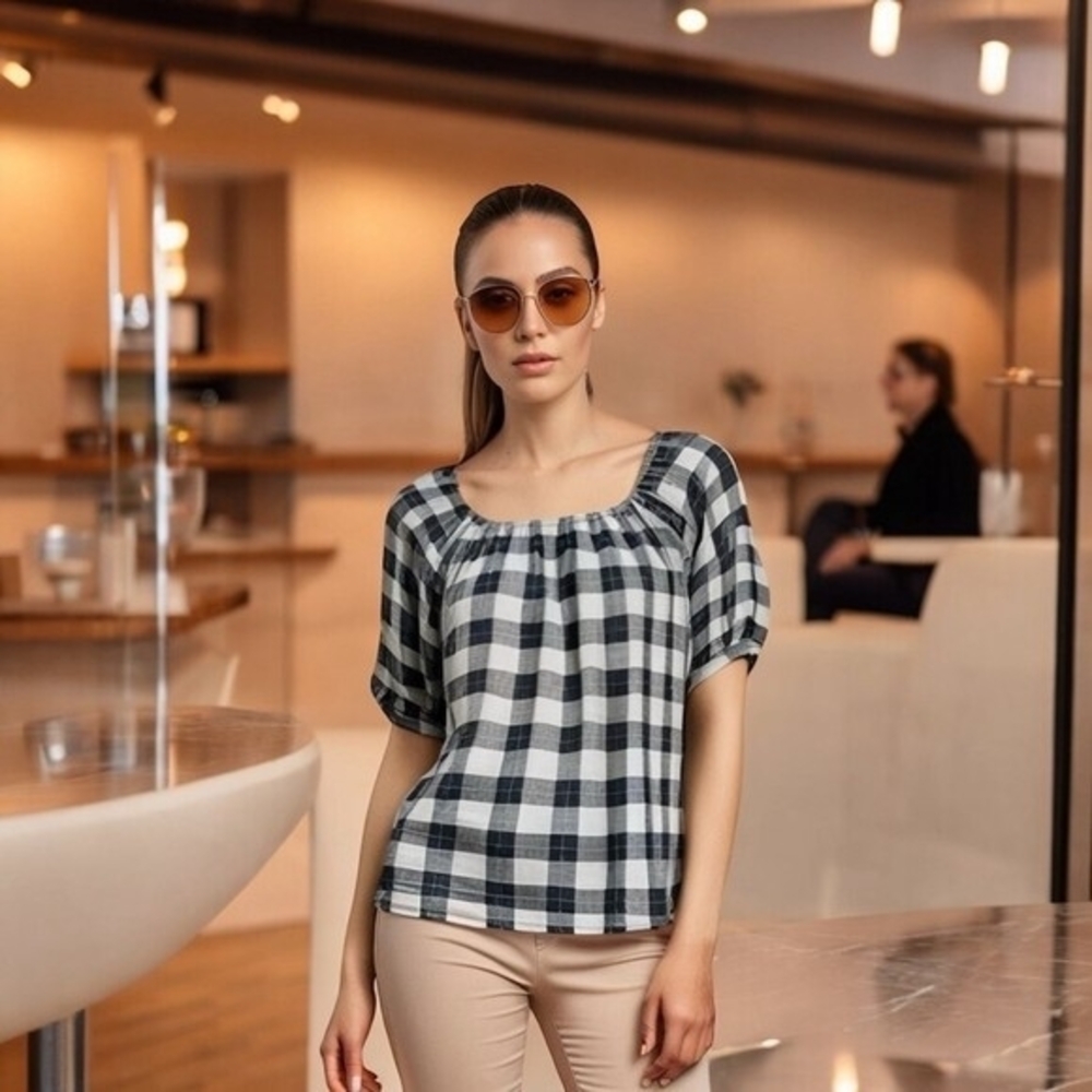 Universal Thread Women's Off Shoulder Blue White Plaid Cotton Blouse M Bubble VG